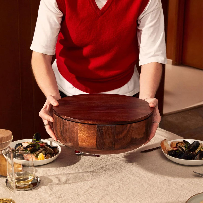 Holcomb Studio Dot Salad Bowl | Large Walnut Wood Serving Bowl with Matching Lid for Storage & Transport | Sloped Sides for Easy Serving | Modern Entertaining & Hostess Gift Dinner Table Home Decor