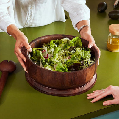 Holcomb Studio Dot Salad Bowl | Large Walnut Wood Serving Bowl with Matching Lid for Storage & Transport | Sloped Sides for Easy Serving | Modern Entertaining & Hostess Gift Dinner Table Home Decor