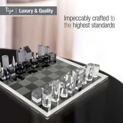 Tizo Design Elegant 13” Lucite Chess Set, Designer Lucite & Acrylic Pieces, Modern & Trendy, Multiple Options Available (Clear & Blue)