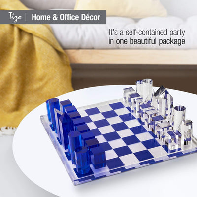 Tizo Design Elegant 13” Lucite Chess Set, Designer Lucite & Acrylic Pieces, Modern & Trendy, Multiple Options Available (Clear & Blue)