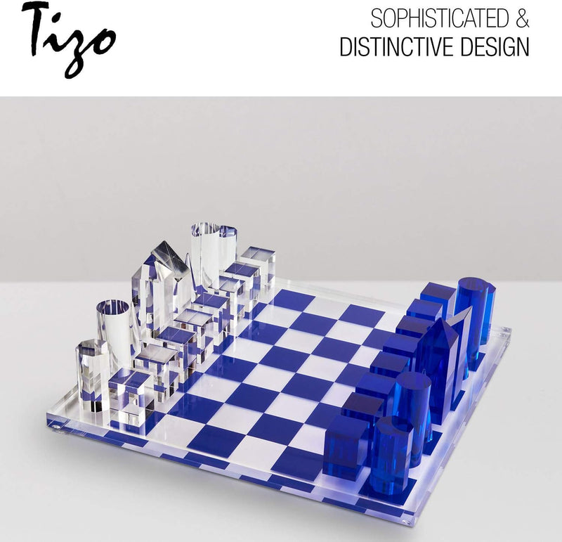 Tizo Design Elegant 13” Lucite Chess Set, Designer Lucite & Acrylic Pieces, Modern & Trendy, Multiple Options Available (Clear & Blue)