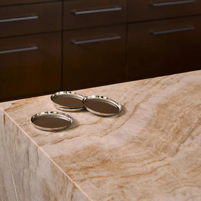 Holcomb Studio Puddle Coasters | Set of 3 Polished Stainless Steel Drink Coasters with Anti-Slip Base & Shallow Lip | Modern Surface Protection for Glasses, Bottles & Carafes | Minimalist Home Accent