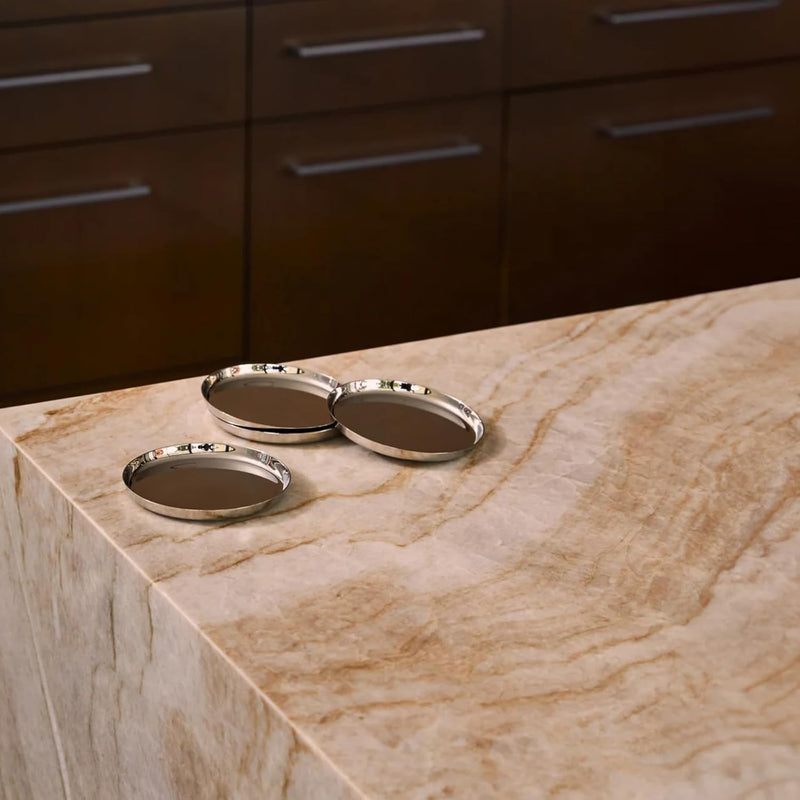 Holcomb Studio Puddle Coasters | Set of 3 Polished Stainless Steel Drink Coasters with Anti-Slip Base & Shallow Lip | Modern Surface Protection for Glasses, Bottles & Carafes | Minimalist Home Accent