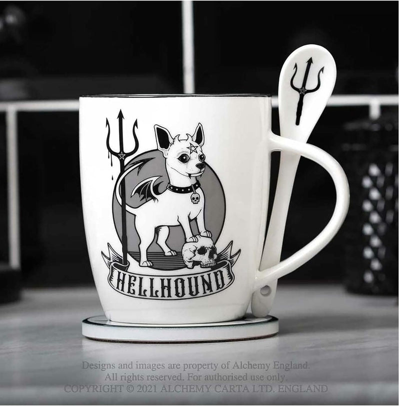 Alchemy Gothic Hellhound Mug and Spoon Set, white, 13oz (ALMUG24)
