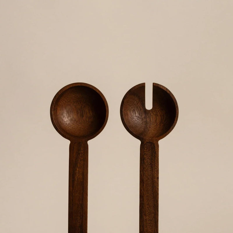 Holcomb Studio Dottie Salad Servers | Walnut Wood Serving Spoon & Fork Rounded with Notched Neck Rest on Bowl Rim | Modern Minimalist Entertaining Wedding Hostess Gift Dinner Table Home Decor 12"L