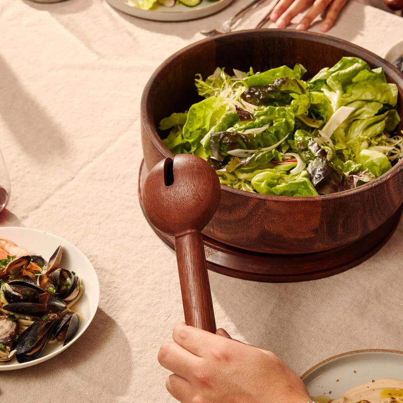 Holcomb Studio Dottie Salad Servers | Walnut Wood Serving Spoon & Fork Rounded with Notched Neck Rest on Bowl Rim | Modern Minimalist Entertaining Wedding Hostess Gift Dinner Table Home Decor 12"L