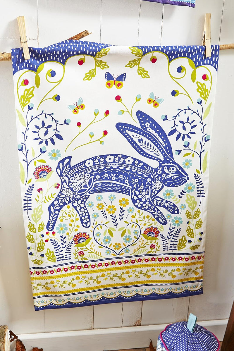 Ulster Weavers Tea Towel Cotton, Durable & Machine Washable, Eco-Friendly Design, Ideal Size, Animal Theme, Woodland Hare, Blue
