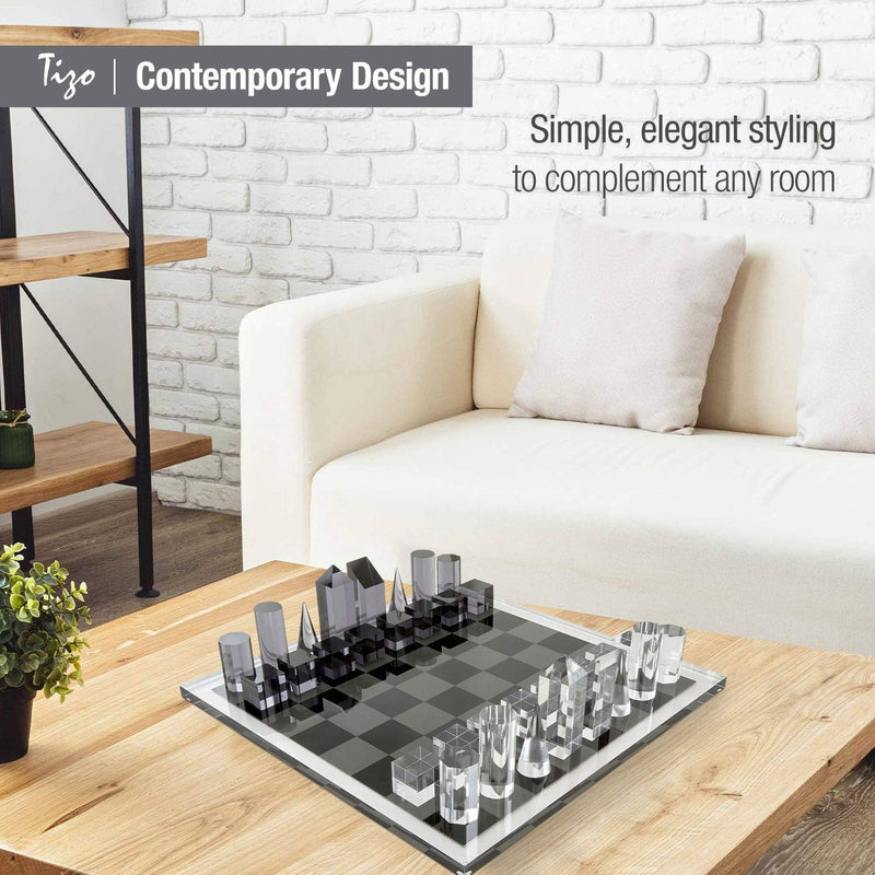 Tizo Design Elegant 17” Lucite Chess Set, Designer Lucite & Acrylic Pieces, Modern & Trendy, Multiple Options Available (Clear & Smoke)