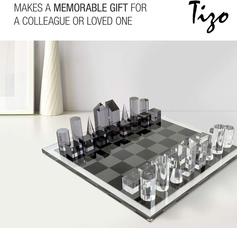 Tizo Design Elegant 17” Lucite Chess Set, Designer Lucite & Acrylic Pieces, Modern & Trendy, Multiple Options Available (Clear & Smoke)