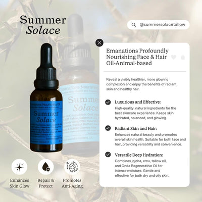 Summer Solace Emanations Nourishing Face & Hair Oil With Tallow, Emu & Squalene, Acai, Rose, Vetiver Oil, Moisturizes, Repairs, Deep Hydration For Soft, Supple Skin Youthful Look 30ml