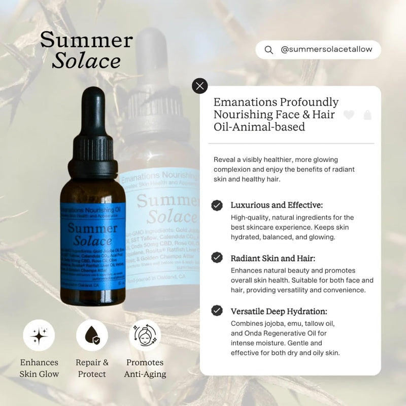 Summer Solace Emanations Nourishing Face & Hair Oil With Tallow, Emu & Squalene, Acai, Rose, Vetiver Oil, Moisturizes, Repairs, Deep Hydration For Soft, Supple Skin Youthful Look 30ml