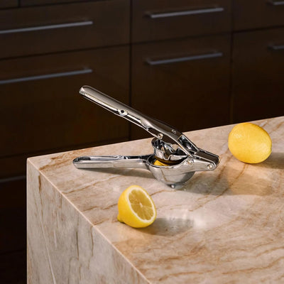 Holcomb Link Citrus Press Chrome Lemon & Lime Juicer with Spray Shield & Heavy-Duty Four-Bar Linkage – Modern Stainless Steel Hand Press for Juicing Countertop Home Kitchen Essentials Hostess Gifts