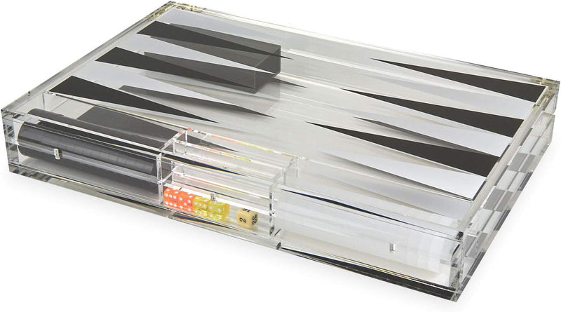 TIZO Elegant 18” Lucite Backgammon Set, Lucite Chips & Cups with Magnetic Closure, Elegant & Practical Boutique Quality Home Décor, Clear, Black & White