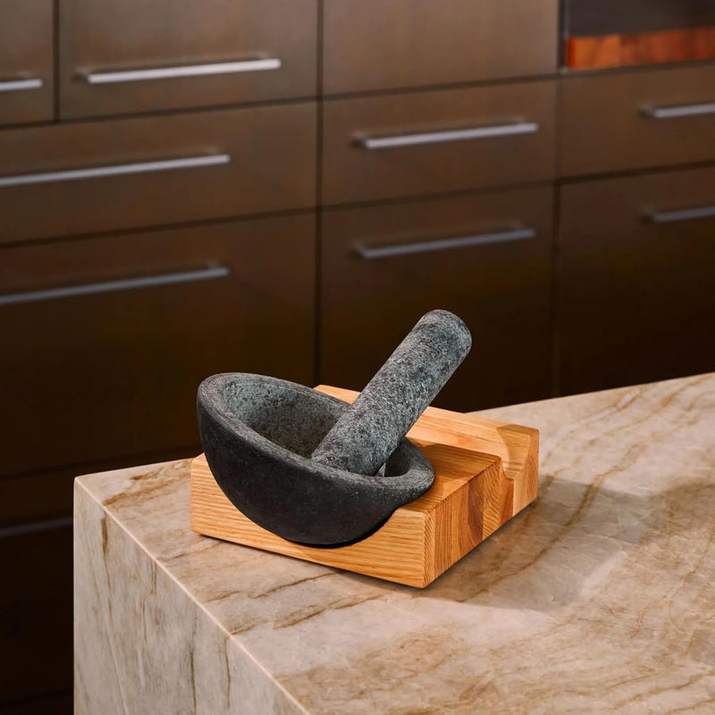 Holcomb Perch Mortar & Pestle Heavy Granite Stone Grinder with Angled Ash Wood Base Handcrafted Modern Spice Crusher for Pesto, Herbs, Curry – Luxury Guacamole Bowl & Masher Home Kitchen Essentials