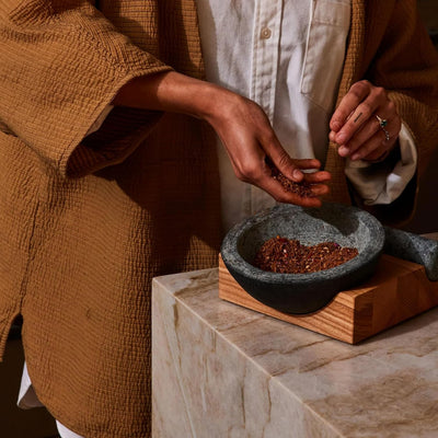 Holcomb Perch Mortar & Pestle Heavy Granite Stone Grinder with Angled Ash Wood Base Handcrafted Modern Spice Crusher for Pesto, Herbs, Curry – Luxury Guacamole Bowl & Masher Home Kitchen Essentials