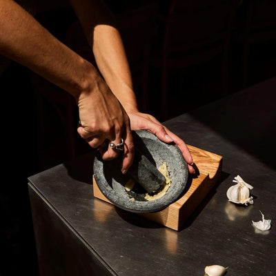 Holcomb Perch Mortar & Pestle Heavy Granite Stone Grinder with Angled Ash Wood Base Handcrafted Modern Spice Crusher for Pesto, Herbs, Curry – Luxury Guacamole Bowl & Masher Home Kitchen Essentials