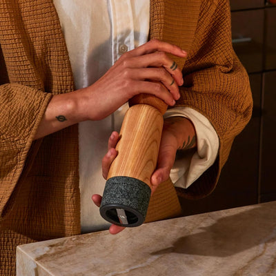 Holcomb Stone Pepper Mill Modern Ash Wood & Granite Grinder with Adjustable Coarseness Scandinavian Style Rustic Manual Mill for Salt, Pepper, Spices Kitchen Decor, Cooking Gifts, Chef Essentials 8.4"