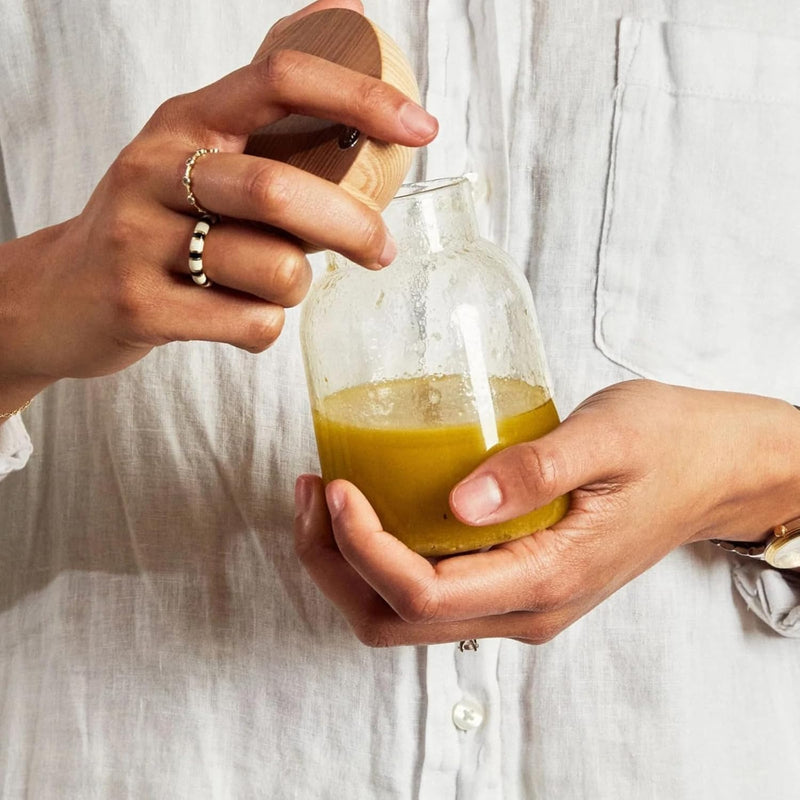Holcomb Studio Totter Salad Dressing Shaker | Handblown Glass Mixer Ash Wood Lid & Silicone Gasket Leak-Free Emulsifying | Prep, Store & Serve Dressings Modern Minimalist Dinner Table Hostess Gift