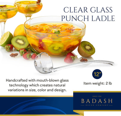 Badash 12" Heritage Quality Crystal Glass Punch Bowl Ladle, Artisan Mouth-Blown Lead-Free Clear Serving Ladle,