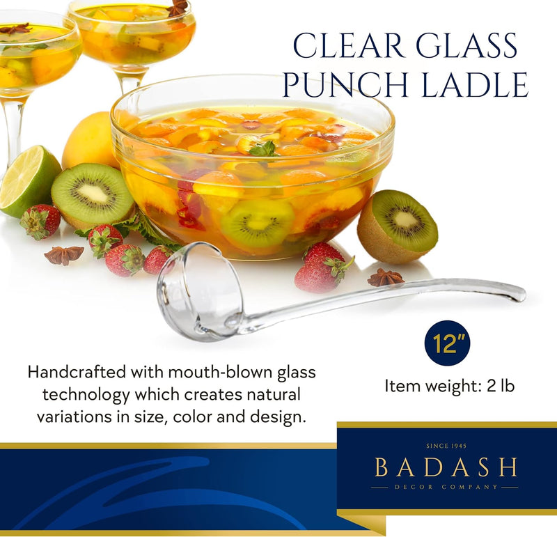 Badash 12" Heritage Quality Crystal Glass Punch Bowl Ladle, Artisan Mouth-Blown Lead-Free Clear Serving Ladle,