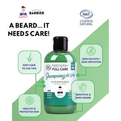 2-in-1 Beard & Hair Care Shampoo | Vegan, Sulfate-Free Replenishing, Nourishing, Sandalwood Fragrance | Natural, Calms Itching, Paraben & Silicone-Free Made In France 250mL