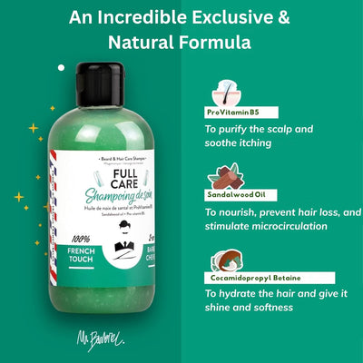 2-in-1 Beard & Hair Care Shampoo | Vegan, Sulfate-Free Replenishing, Nourishing, Sandalwood Fragrance | Natural, Calms Itching, Paraben & Silicone-Free Made In France 250mL