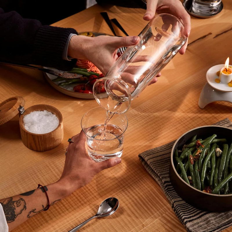 Holcomb Studio Teeter Carafe, Clear | Hand-Blown Glass Beverage Pitcher with Ash Wood Top | Modern Carafe for Water, Juice, or Cocktails | Elegant Serveware & Hostess Gift Home Décor Accent 10.4"H