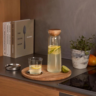 Holcomb Studio Teeter Carafe, Clear | Hand-Blown Glass Beverage Pitcher with Ash Wood Top | Modern Carafe for Water, Juice, or Cocktails | Elegant Serveware & Hostess Gift Home Décor Accent 10.4"H