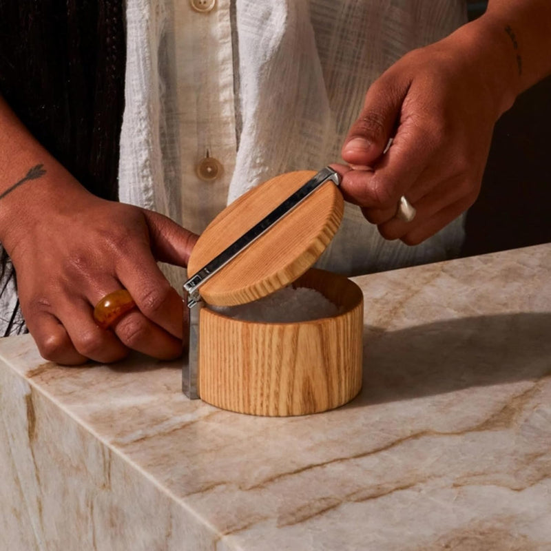 Holcomb Stash Salt Cellar – Handcrafted Ash Wood Salt Box with Swivel Lid & Metal Accent Elegant Countertop Luxury Salt Holder for Sea Salt, Spices Modern Kitchen Essentials, Home Decor Hostess Gifts