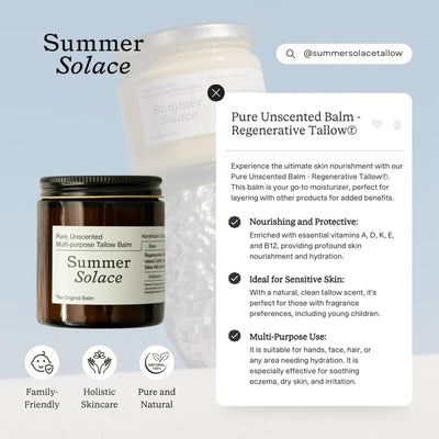 Summer Solace Pure Unscented Tallow Balm Nourishing Face & Body Cream Multi Purpose Hydrating Natural Moisturizer For Soft, Supple Skin Body Butter Tallow Hydrates Sensitive, Dry & Cracked Skin 60ml
