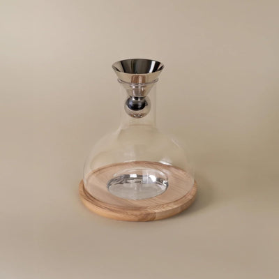 Holcomb Studio Birdie Wine Decanter 69.3oz | Hand-Blown Glass Carafe Pitcher with Aerating Sphere, Ash Wood Trivet & Metal Coaster | Elegant Wine Server for Enhancing Aroma & Flavor Wine Gifts 8.1"H