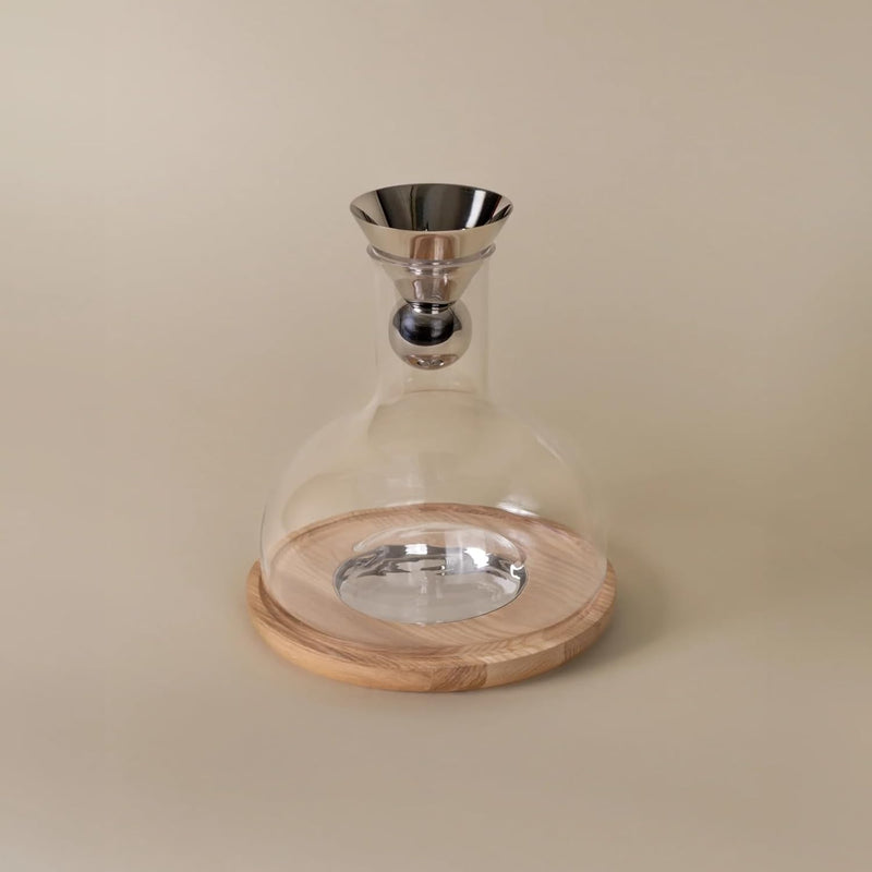 Holcomb Studio Birdie Wine Decanter 69.3oz | Hand-Blown Glass Carafe Pitcher with Aerating Sphere, Ash Wood Trivet & Metal Coaster | Elegant Wine Server for Enhancing Aroma & Flavor Wine Gifts 8.1"H