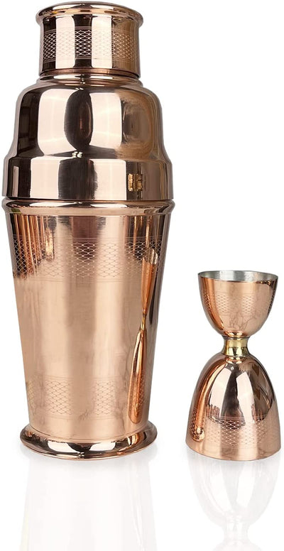 Coppermill Kitchen | Vintage Inspired Coctail Shaker & Jigger | Authentic Copper & Brass | 1900's Art Deco Style | Engine Turn Pattern