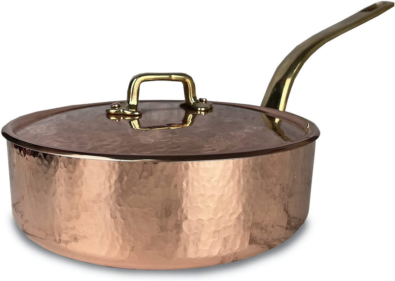 Coppermill Kitchen | Vintage Inspired Medium Saute Pan & Lid | Authentic Copper & Brass | Tin-Lined | Hammered Finish | Made in Italy | 2.25 Quarts