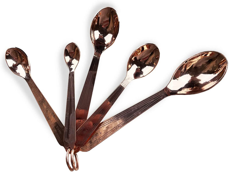 Coppermill Kitchen | Vintage Inspired Measuring Spoons | Authentic Copper & Brass | Hand-Engraved Cross & Bow Pattern | Set of Five