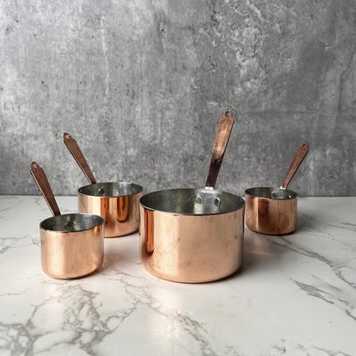Coppermill Kitchen | Vintage Inspired Measuring Cups | Authentic Copper & Brass | Hand-Engraved Cross & Bow Pattern | Set of 4