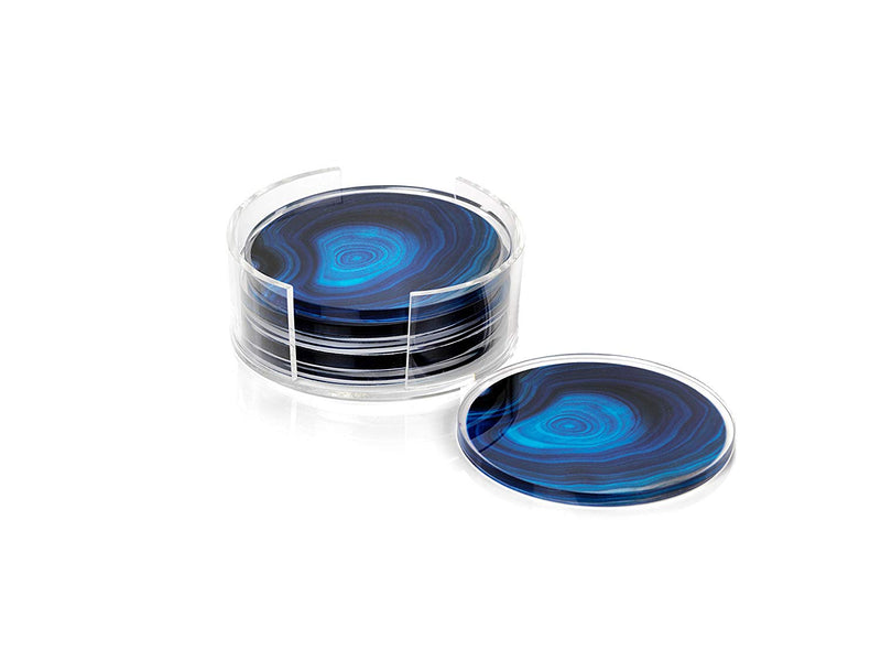 Zodax Round Holder, Deep Blue Agate Pattern (Set of 6) Coasters, 6 Piece
