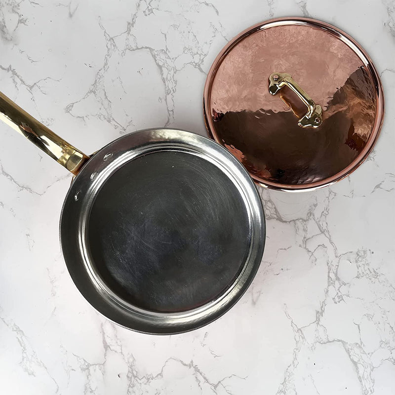 Coppermill Kitchen | Vintage Inspired Medium Saute Pan & Lid | Authentic Copper & Brass | Tin-Lined | Hammered Finish | Made in Italy | 2.25 Quarts