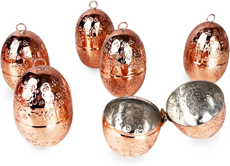 Coppermill Kitchen | Vintage Inspired Egg Ornaments | Authentic Copper & Brass | Hand-Etched Bird & Floral Design | Tin-Lined | Set of 6