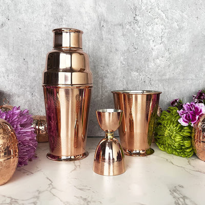 Coppermill Kitchen | Vintage Inspired Cocktail Shaker | Authentic Copper & Brass | 1900s Art Deco Design | Engine Turn Pattern | 2 cups/473 ml
