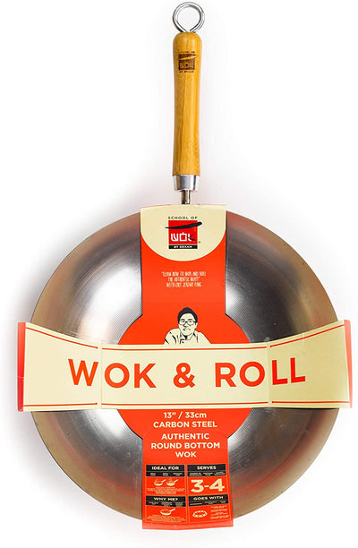 School of Wok - 'Wok & Roll' - 13"/33cm Carbon Steel Round Bottom Wok