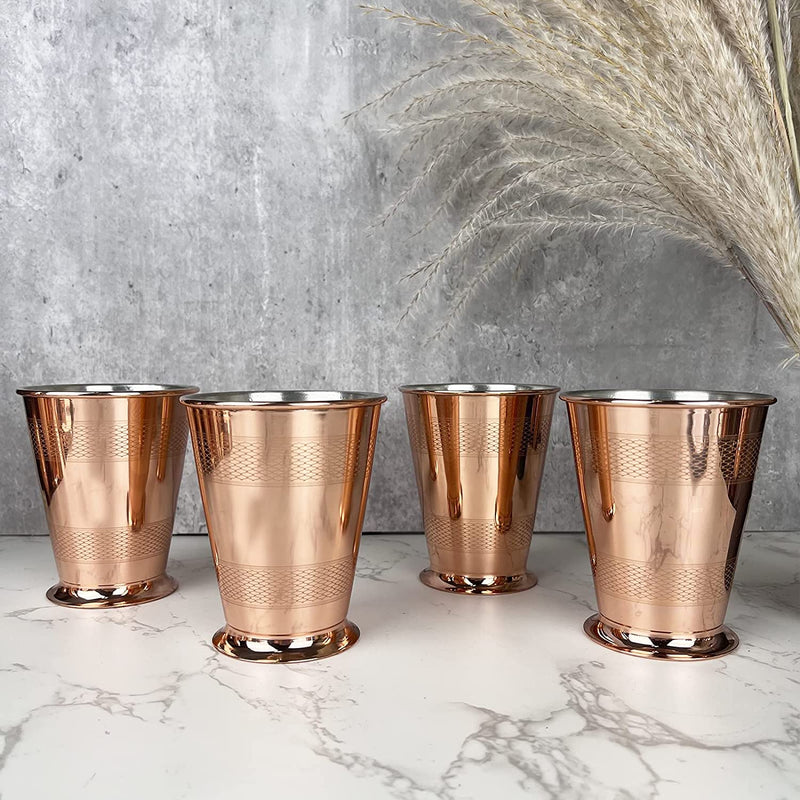 Coppermill Kitchen | Vintage Inspired Cocktail Tumblers | Authentic Copper & Brass | 1900s Art Deco Design | Engine Turn Pattern | Set of Four