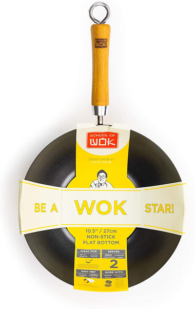 School of Wok "Wok Star" | 10.5" Wok | Flat Bottom | Carbon Steel | Bamboo Handle with Loop Hook | Non-Stick | 10.5in/27in