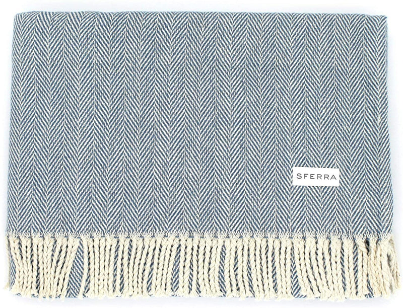 Sferra Celine Herringbone, 100% Cotton Throw Blanket - Cadet