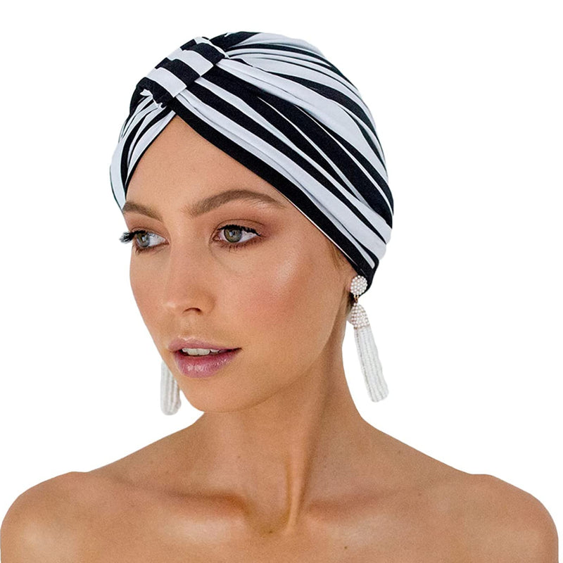 LOUVELLE Stylish AMELIE Luxury Shower Cap Turban Style Reusable with 100% Waterproof Lining and Quick Dry Fabric (Monochrome Stripe)