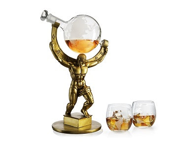 The Wine Savant Atalas Bronze World Globe Whiskey Decanter - 15" Tall - With 2 World Glasses