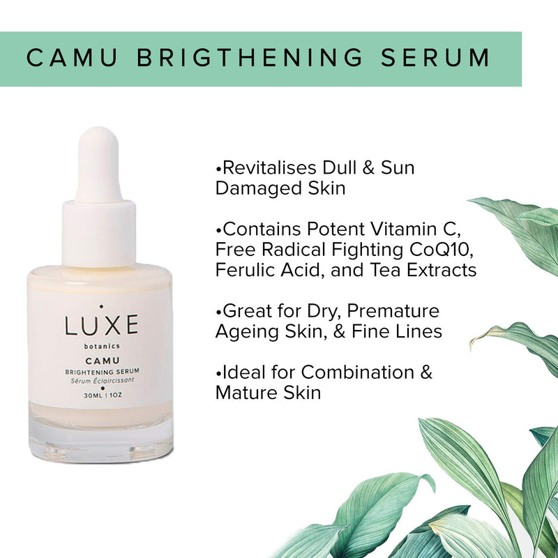 Luxe Botanics Camu Brightening Serum - Achieve a Naturally Luminous Glow - Organic Camu Camu Berry, Vitamin C, Sodium Hyaluronate, & Ferulic Acid (1oz)