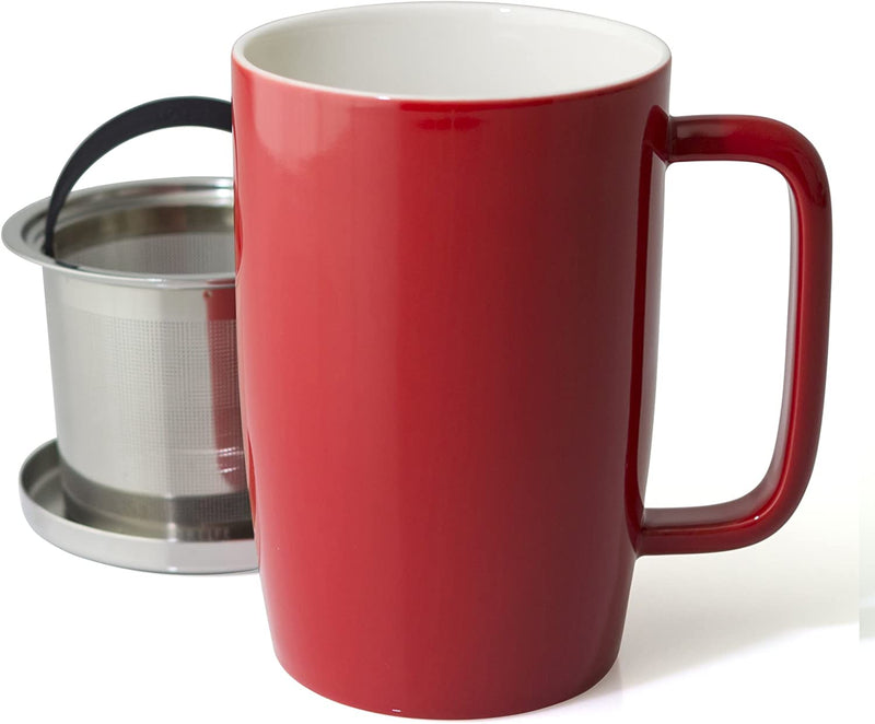 FORLIFE Dew Glossy Finish Brew-In-Mug with Basket Infuser & "Mirror" Stainless Lid 18 oz., Red