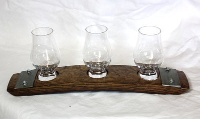 Barrel-Art Barrel Stave Premium 3 Glass Whiskey Flight Serving Tray with Glencairn Glasses, Dark Walnut