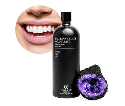 Brilliant Black Oil Pulling, Natural Ayurvedic Blend of Activated Charcoal and Coconut Oil, Oil Pulling Mouthwash Rinse with Peppermint Essential Oil - Terra and Co.